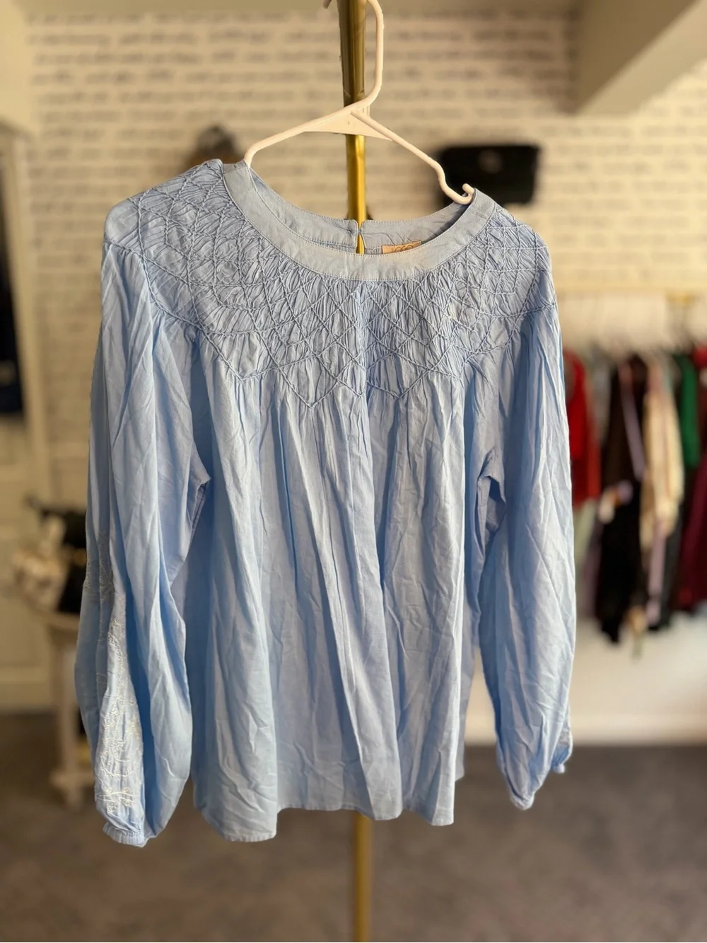 LOGO Lavish by Lori Goldstein 100% Cotton Balloon Sleeve Smocked Blouse